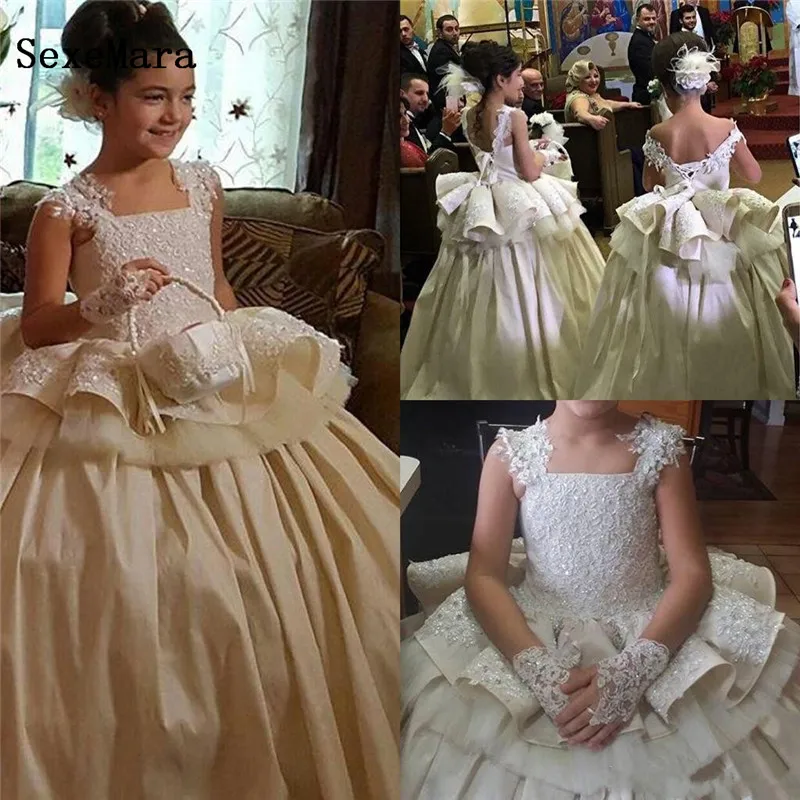 

Pageant Dresses kids Formal Wear Square Neck Appliques Lace Flower Girls Dresses For Weddings Party Birthday Wear Communion Gown