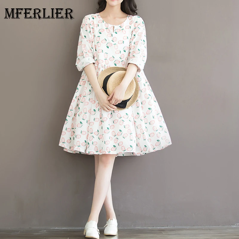 

Women Dress Sweet Peach Print Cotton Loose Long Sleeve Women Dress O Neck High Waist Size S-2XL