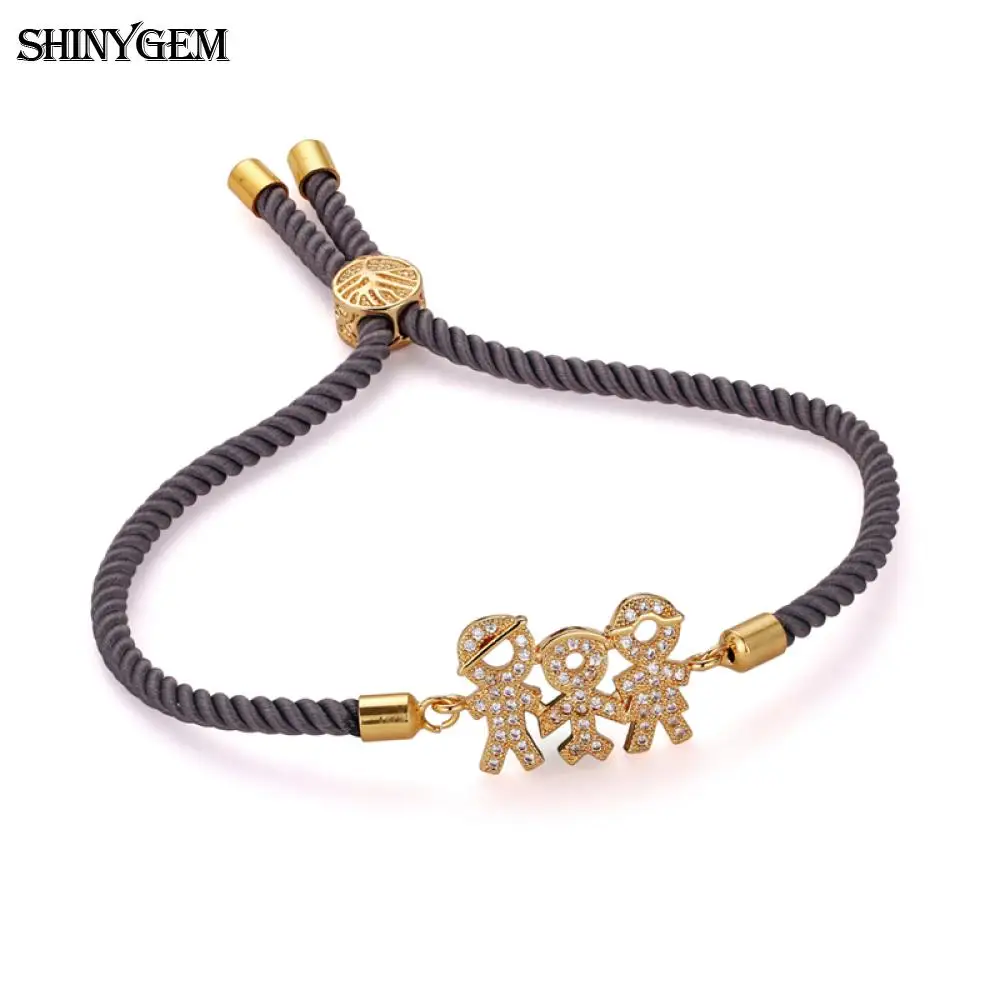 

ShinyGem Happy Family Charm Bracelet Adjustable Rope Bracelet Rose Gold/Black/Gold/Silver Zircon Figure Charm Bracelet For Women