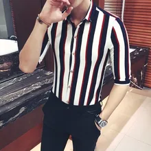 S~ 5XL! лето большой код Молодежная модная полосатая рубашка мужская Корейская версия семь рукав рубашка рукав костюмы