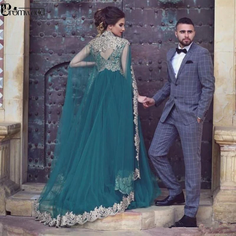 US $97.96 Plus Size Green Muslim Evening Dresses ALine Tulle Appliques Lace Islamic Dubai Saudi Arabic Long Elegant Formal Evening Gown