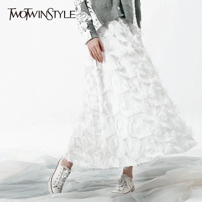 

TWOTWINSTYLE Long Skirt Women Tassel Print Large Size Elastic High Waist A Line Skirts Spring Female Fashion Casual Clothing