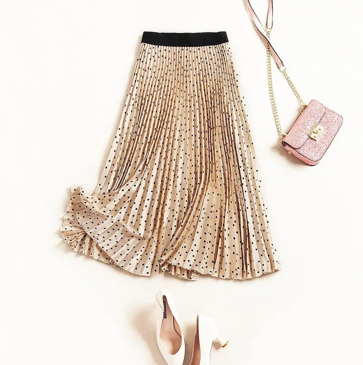 

2019 Woman Spring Polka Dot Elastic Waist Pleated Skirt High Street Style A-line Mid-Calf Summer Skirt E3149
