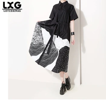 

lotusxinag Maternity New Spring Summer Lapel Short Sleeve Pattern Printed Loose Drawstring Big Size Shirt Dress Women Fashion