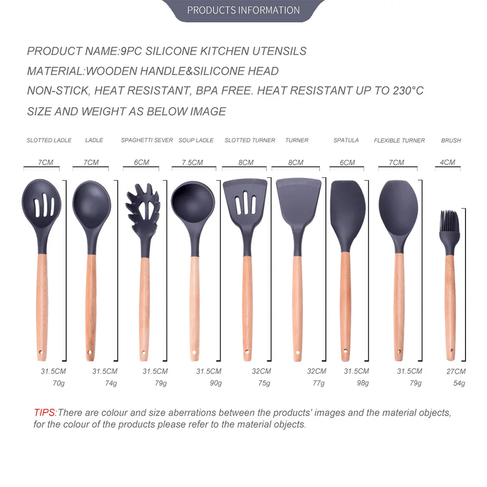 9 шт./компл. Кухня силиконовый Пособия по кулинарии инструменты посуда гаджеты силиконовые деревянной ручкой ложка-кисточка ковш алюминий с антипригарным покрытием для выпечки Инструменты