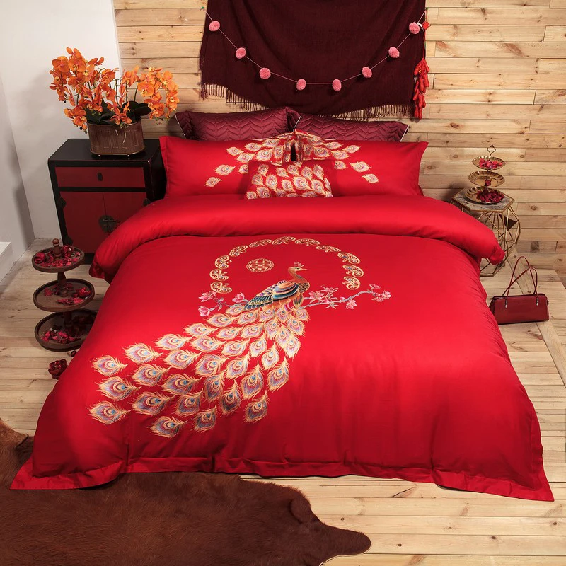 

Red Blue Chinese Wedding Embroidery Luxury Egyptian Cotton Bedding set 4Pcs Queen King size Duvet cover Bed sheet set Gifts