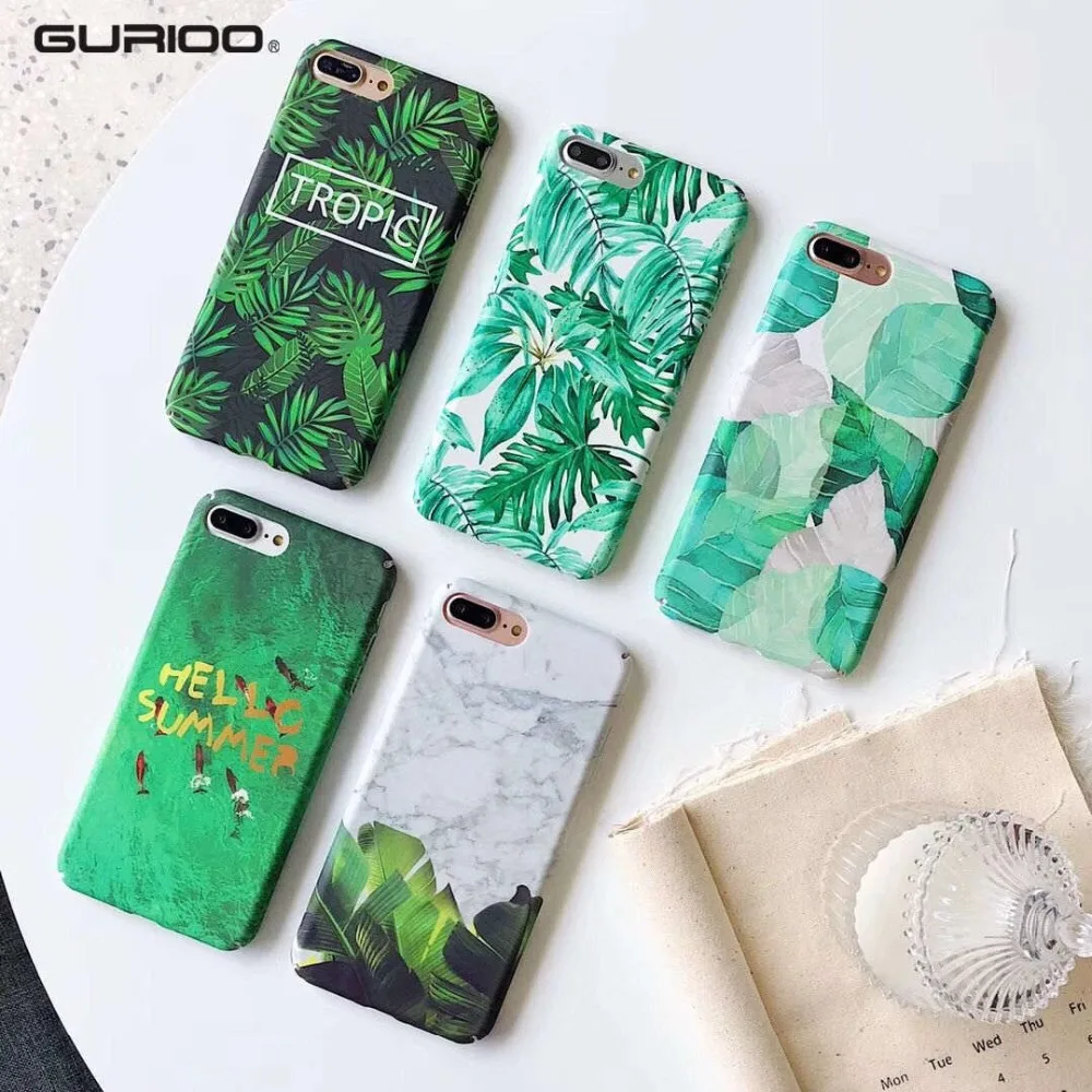 

Gurioo Smooth Marble Slim Hard PC for iPhone 8 X 7 6 6s Plus Vintage Art Fashion Green Leaf Oil Painting Phone Case