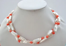 

Hot sell Noble- FREE SHIPPING>>@> A05 2ROW 17" 20mm WHITE DENS BIWA PEARL PINK CORAL bead NECKLACE