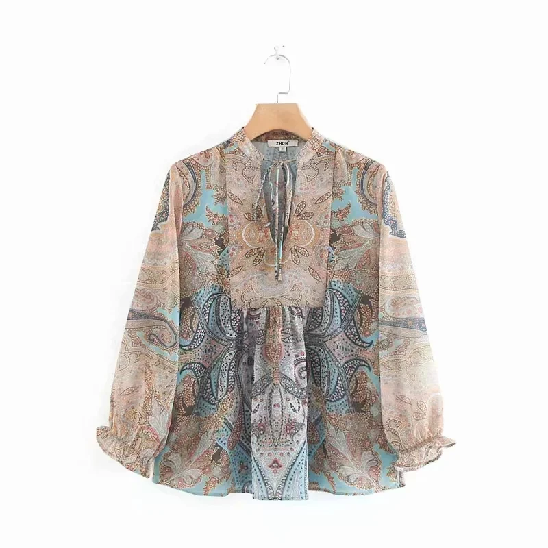 

Vintage Paisley Printing V Neck Smock Women Long Sleeve Shirt Leisure Lady Chiffon Blouse 2019 Autumn Female Loose Tops S6065