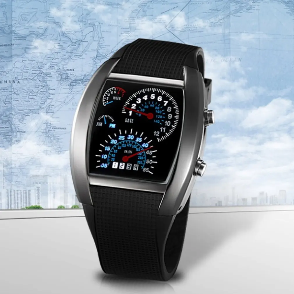 

Unisex Car Speed Meter Dial LED Wrist Watch Flash LED Sports RPM Blue & White Men Gift Watch