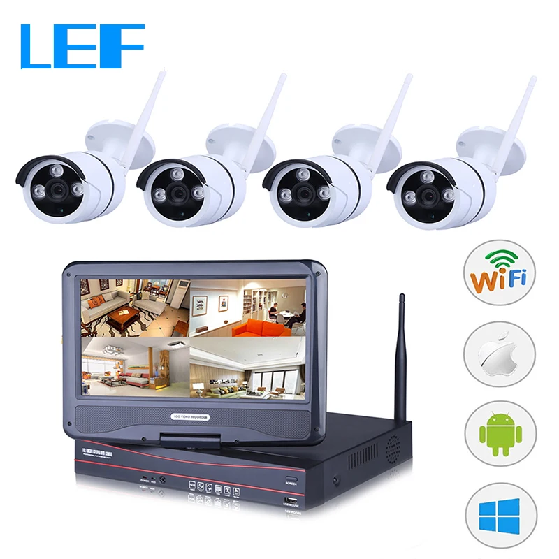 bilder für LEF 4CH NVR DVR WIFI CCTV Kit 4 STÜCKE HD Wireless Outdoor-kamera mit 10 zoll LCD Monitor P2P Sicherheit Kamera System bilder für LEF 4CH NVR DVR WIFI CCTV Kit 4 STÜCKE HD Wireless Outdoor-kamera mit 10 zoll LCD Monitor P2P Sicherheit Kamera System