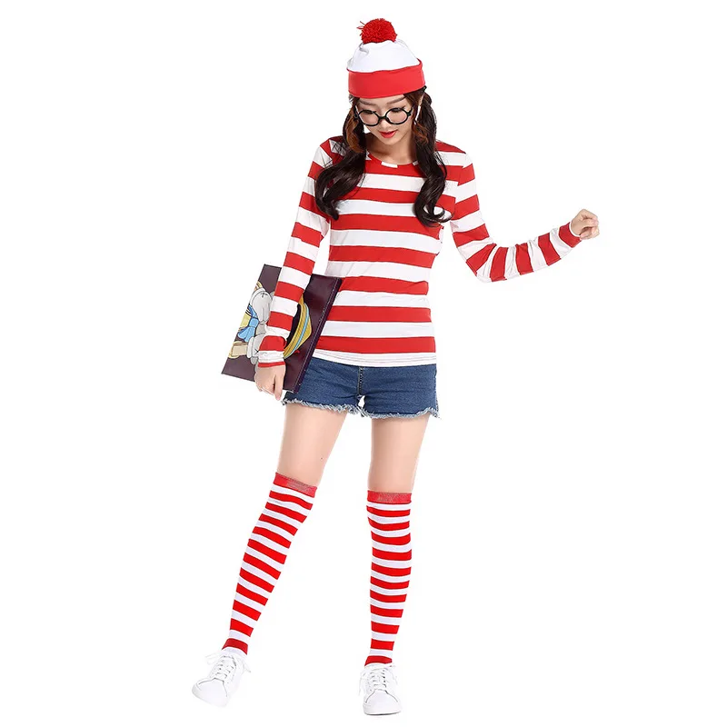 Where's Wally Красная белая шляпа топ рубашки с длинными рукавами очки женская одежда Вечерние зимние костюмы для косплея подарок