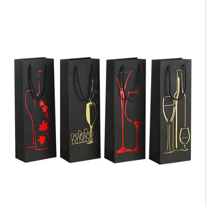 

12pcs 9x9x35cm Black Paper Wine Bags Red Black Kraft Paper Hot-stamping Package bottle