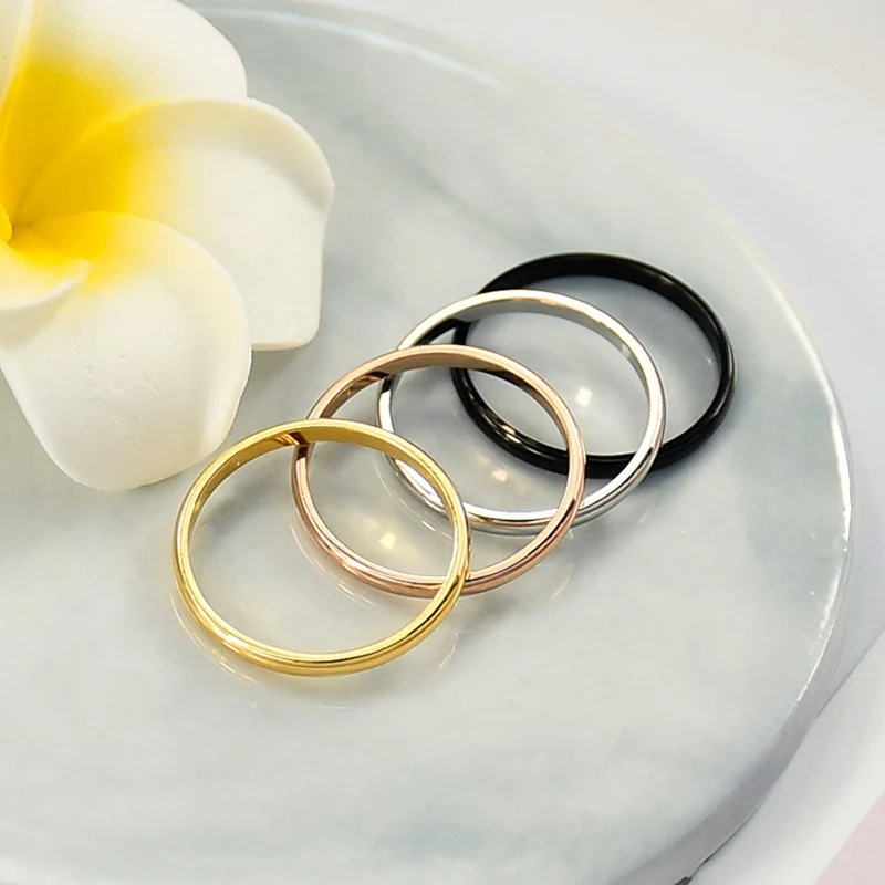 Simple 2MM Thin Titanium Steel 4 Color Couple Ring Simple Fashion Rose Gold Silver Finger Ring For Women Wedding Party Jewelry