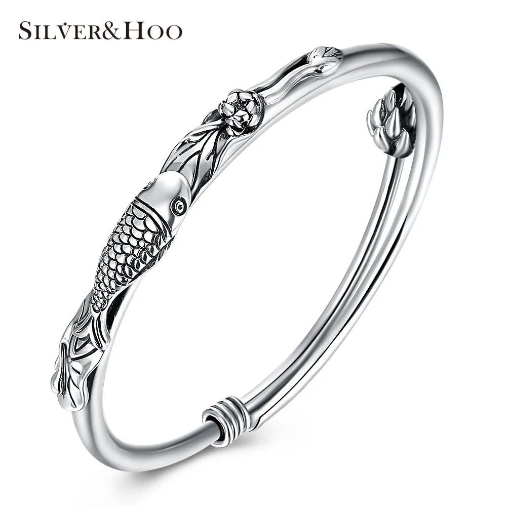 

SILVERHOO Genuine 999 Sterling Silver Fish Bangles for Women Ethnic Fine Accessories Jewelry Engagement Gift High Quality