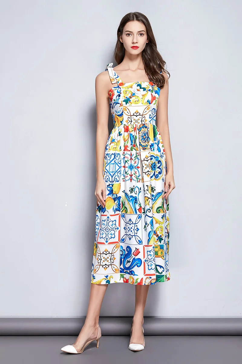 Модное летнее платье для подиума, женское длинное платье с бантом и бретельками, с открытой спиной, голубое и белое, с цветочным принтом, с фарфоровым принтом, Vestidos - Цвет: Bohe Dress