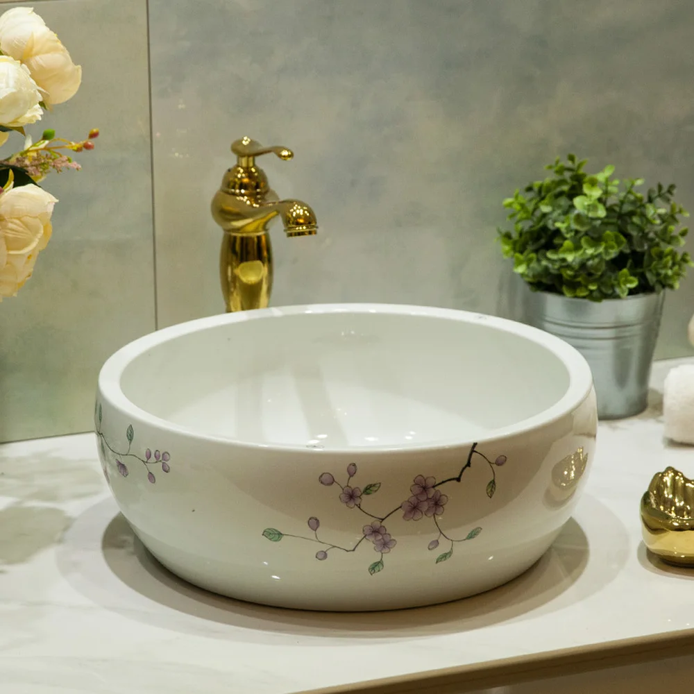 

Bathroom Above Counter Basin Ceramic Wash Basin Bathroom Wash Basin Wash Basin Flower Hand Painted Plum Blossom LO620158