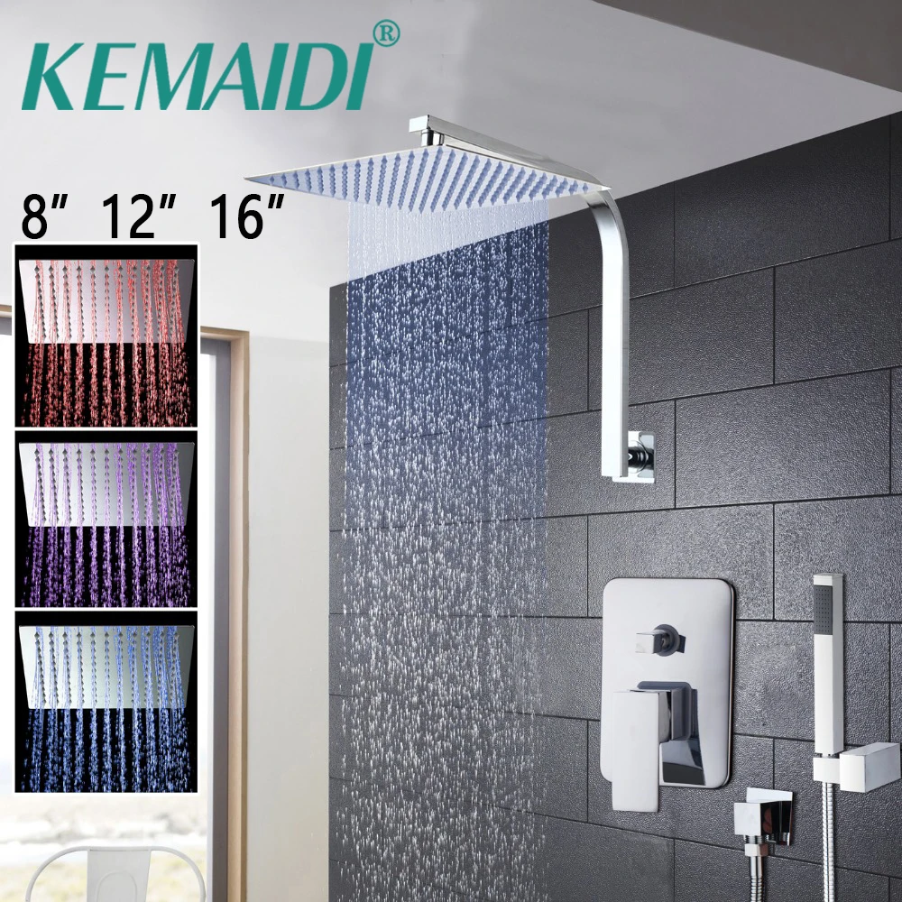 

KEMAIDI 8"12"16" Bathroom LED Bathtub Shower Head Rainfall Shower Set Wall Mounted Swivel Mixer Taps Shower Faucets Ultra-thin