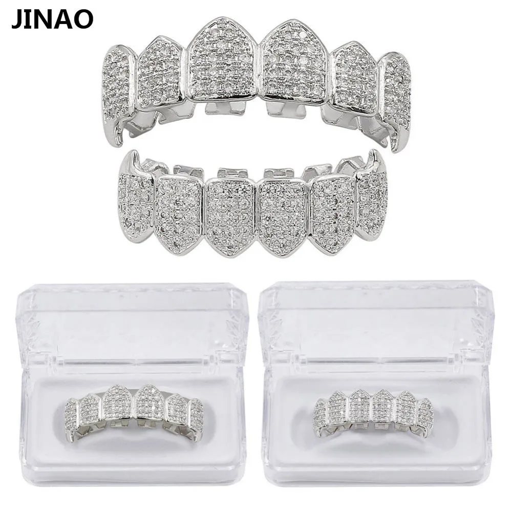 JINAO хип хоп ЗУБЫ Grillz GOLD Цвет & посеребренные Micro Pave CZ Золотой Клык верхней и нижней