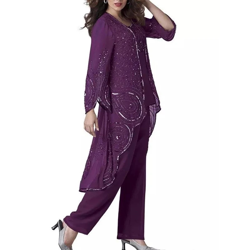 

Chic Three Pieces Beading Mother Of The Bride Pant Suits Long Sleeves Jacket Wedding Guest Dress Chiffon Sequined Evening Gown