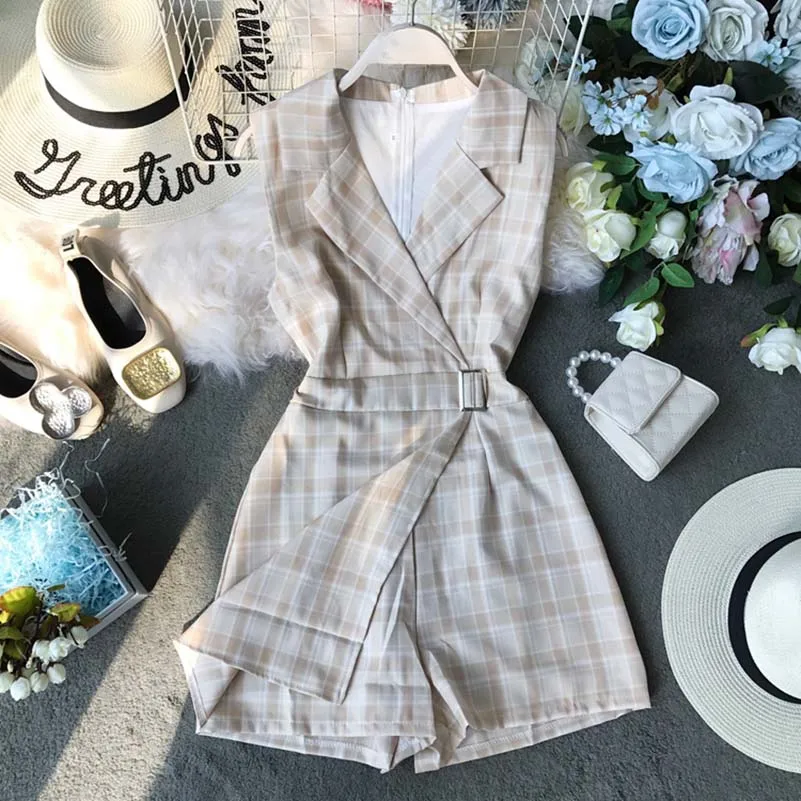 Summer Casual Plaid Romper Women Playsuit Chic Jumpsuits Sleeveless Bodysuit V-Neck Overalls For Women Combinaison Femme Summer Casual Plaid Romper Women Playsuit Chic Jumpsuits Sleeveless Bodysuit V-Neck Overalls For Women Combinaison Femme