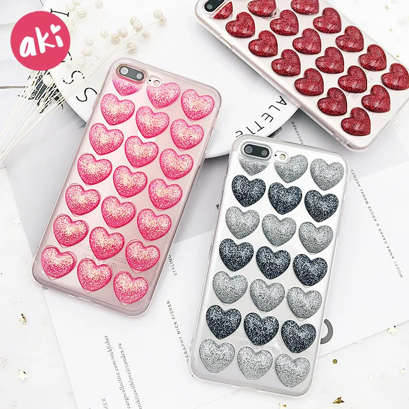 

AKI Candy Color 3D Jelly Love Hearts Phone Case for iPhone 7 8 Plus Case Cute Clear Back Soft Cover for iPhone 6 6s Plus Case