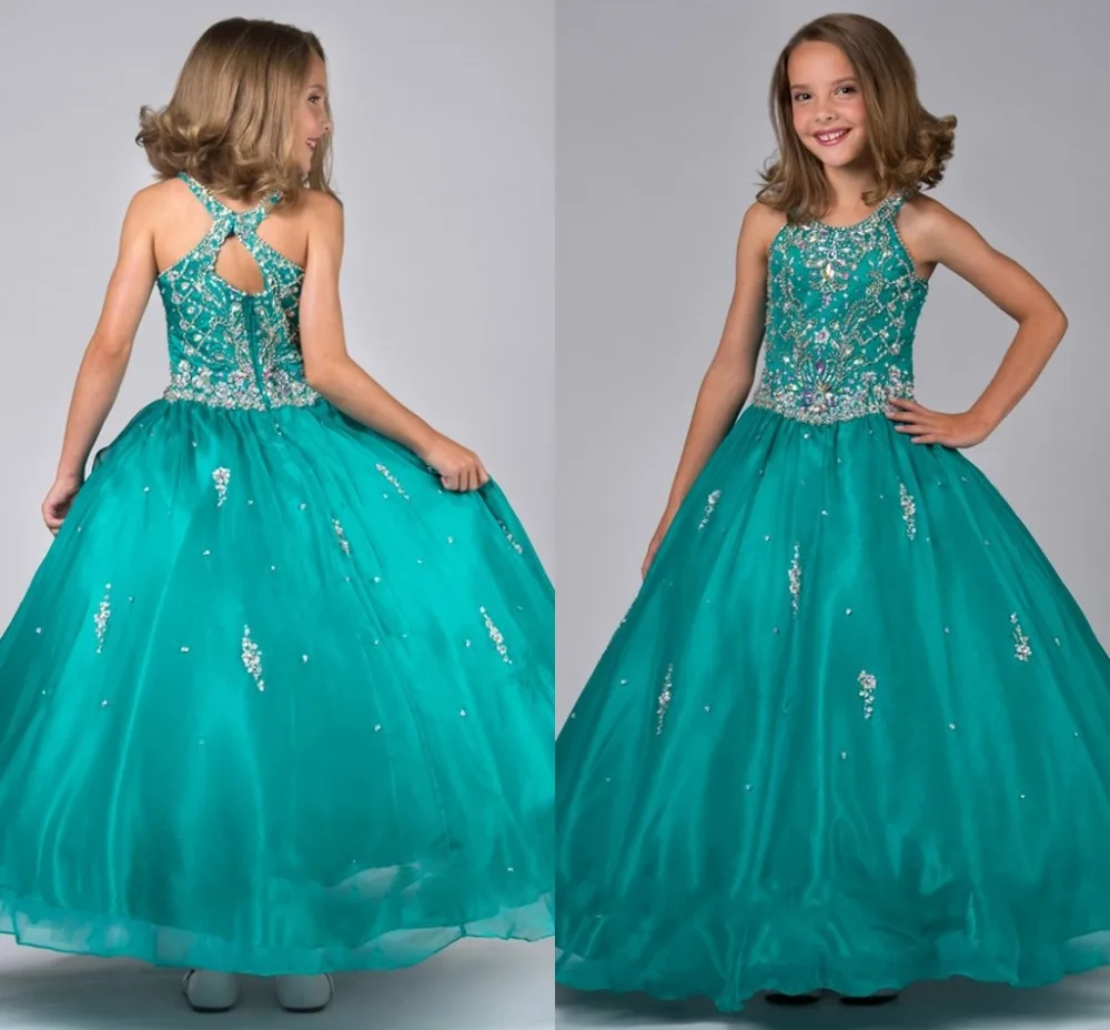 Green Long Flower Girl Dress For Weddings Beaded Sleeveless Flower Girl