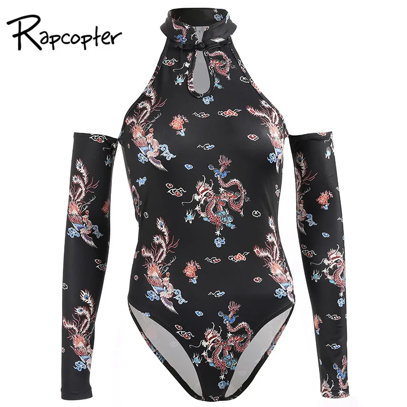 

Rapcopter Chinese Style Jumpsuit Bodysuits Sexy Strapless shoulder Jumpsuits Skinny Print Bodysuit Hollow Out Polyester Bodysuit