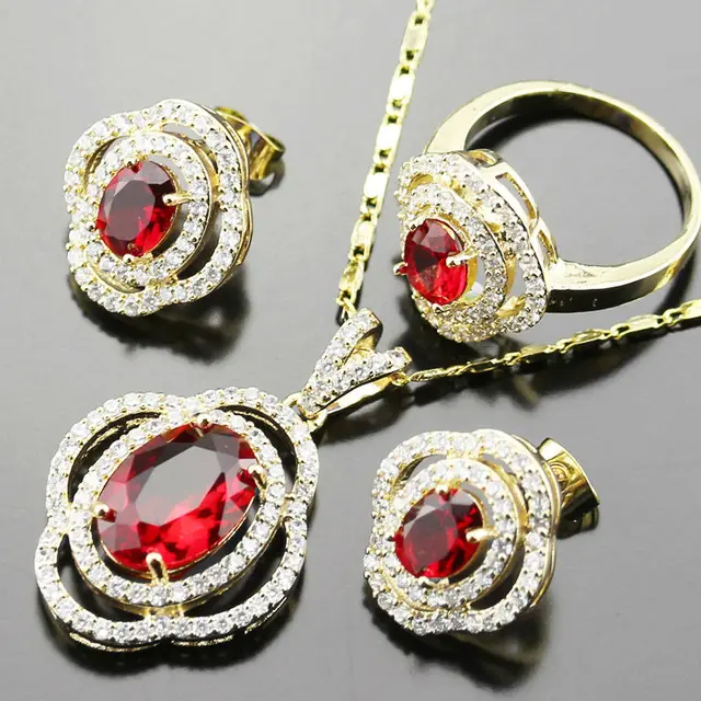 Aliexpress 3pcs Yellow Gold Color Red Created Garnet 3pcs Yellow Gold Color Red Created Garnet Jewelry Sets For Women Wedding Zircon Necklace Earrings