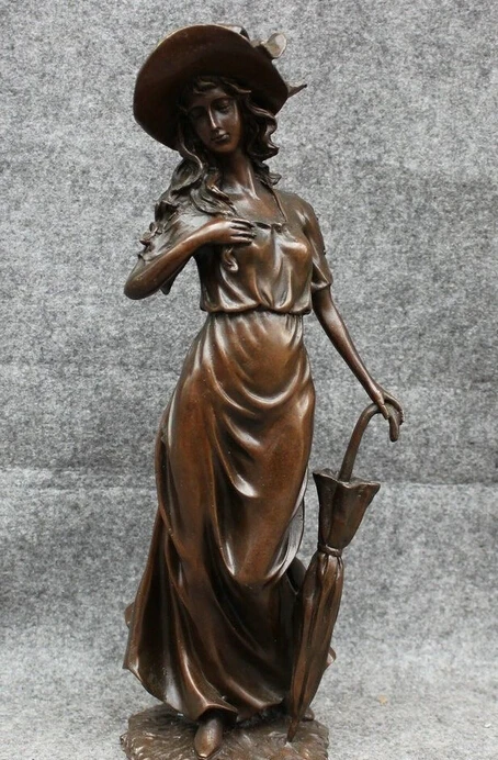 13 &quotКитай Китайский Бронзовый Художественный стоящий Vogue Goddess Belle Beauty Umbrella Statue |