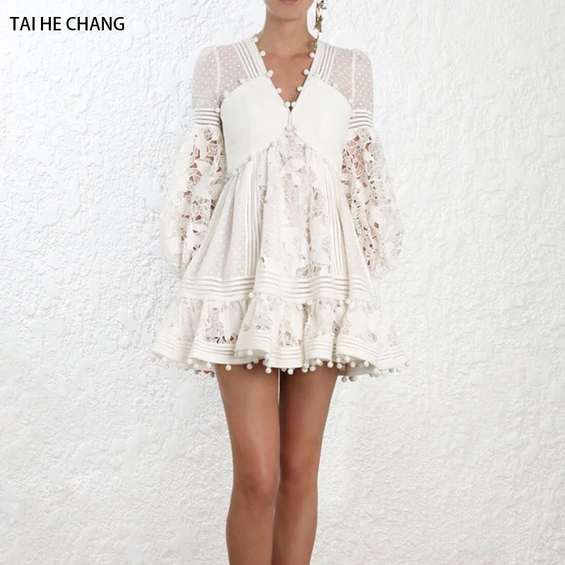 

women dress autumn winter high-end elegant vestidos bodycon sexy v-neck beach party white runway long sleeve lace mini dress