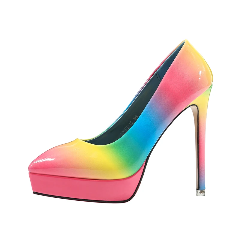 

{D&Henlu}2018 New Flower Print Pumps Patchwork Heels Platform Womens Dress Heel Shoes Woman Sexy Party Shoes Rainbow Color