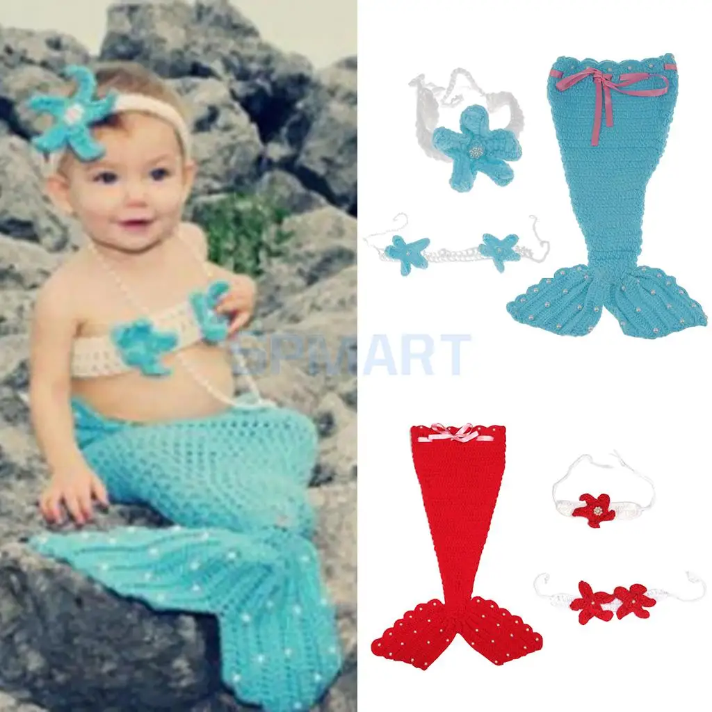 Newborn Baby Photography Prop Crochet Mermaid Headband Bra Tail Clothing Costume Set | Детская одежда и обувь
