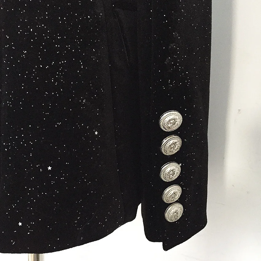 Новейшая мода, длинный женский Блейзер, весна-осень, офисный элегантный двубортный черный блейзер с блестками, Женская куртка