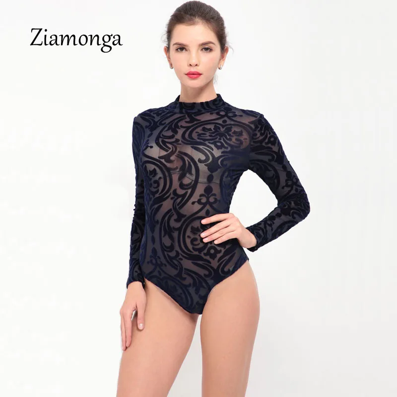 Ziamonga сексуальный ночной клуб прозрачный сетчатый комбинезон для женщин с длинным рукавом Combinaison короткий Femme полый женский комбинезон короткие комбинезоны - Цвет: C2915  Blue