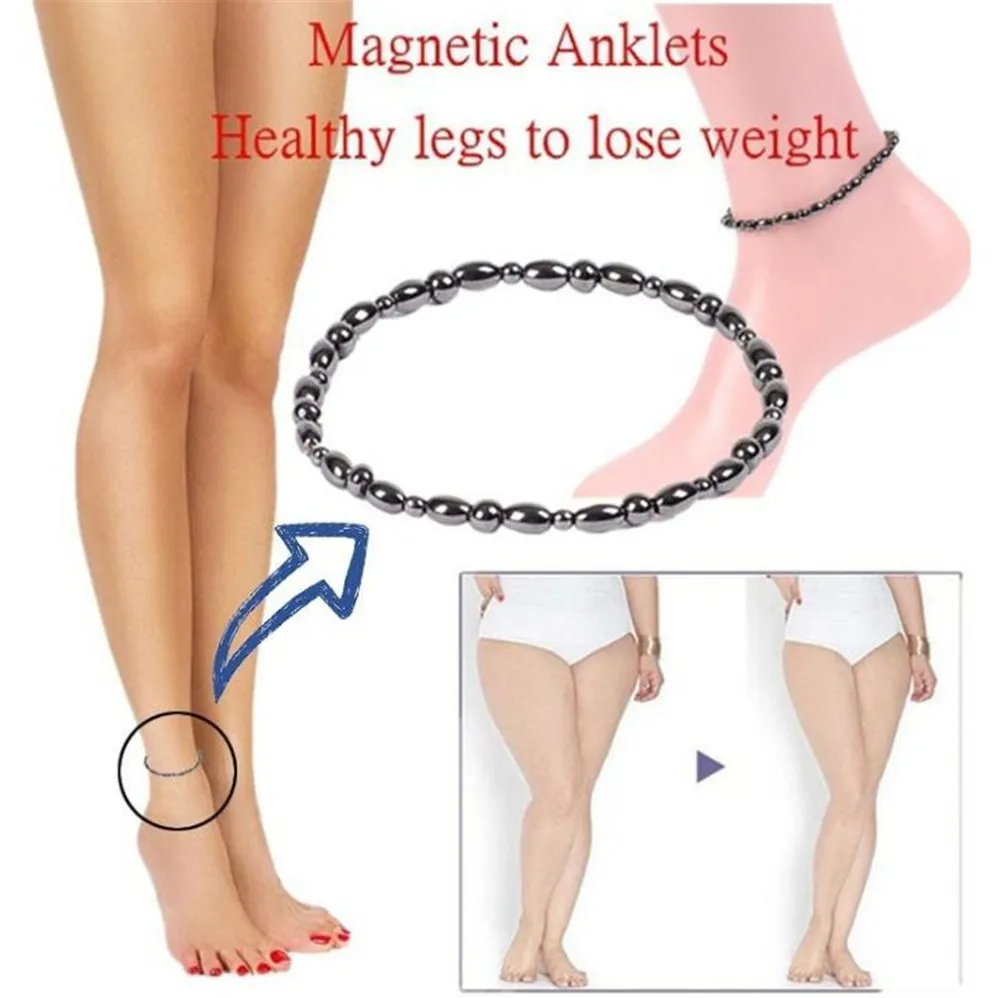Потеря веса круглый черный камень магнитотерапия ножной браслет для женщин и мужчин здоровье магнитного гематита растягивающиеся ножные браслеты