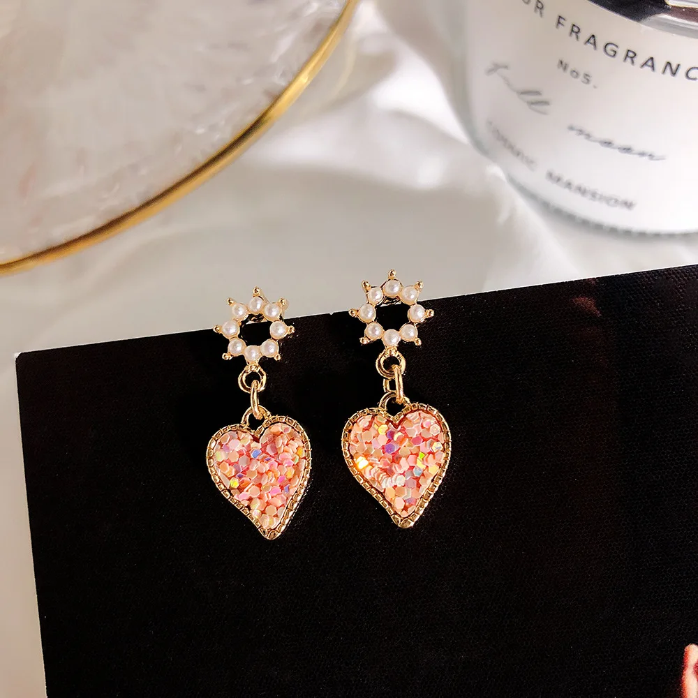 

Luxury Pearl Round Drop Earrings Sequins Love Heart Dangle Earrings for Girls Women Accessories Jewelry