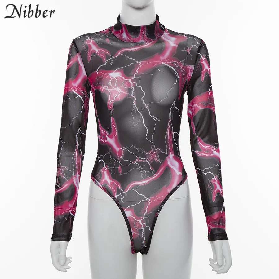 Nibber spring Mesh print Elastic Slim full sleeve bodysuits2019fashion Basic ladies High street casual wear Soft Casual bodysuit