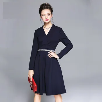 

2017Winter women elegant dress beaded pinched waist A-line dress V neck cultivating party dress vestido plus size tunic L-XXXXXL