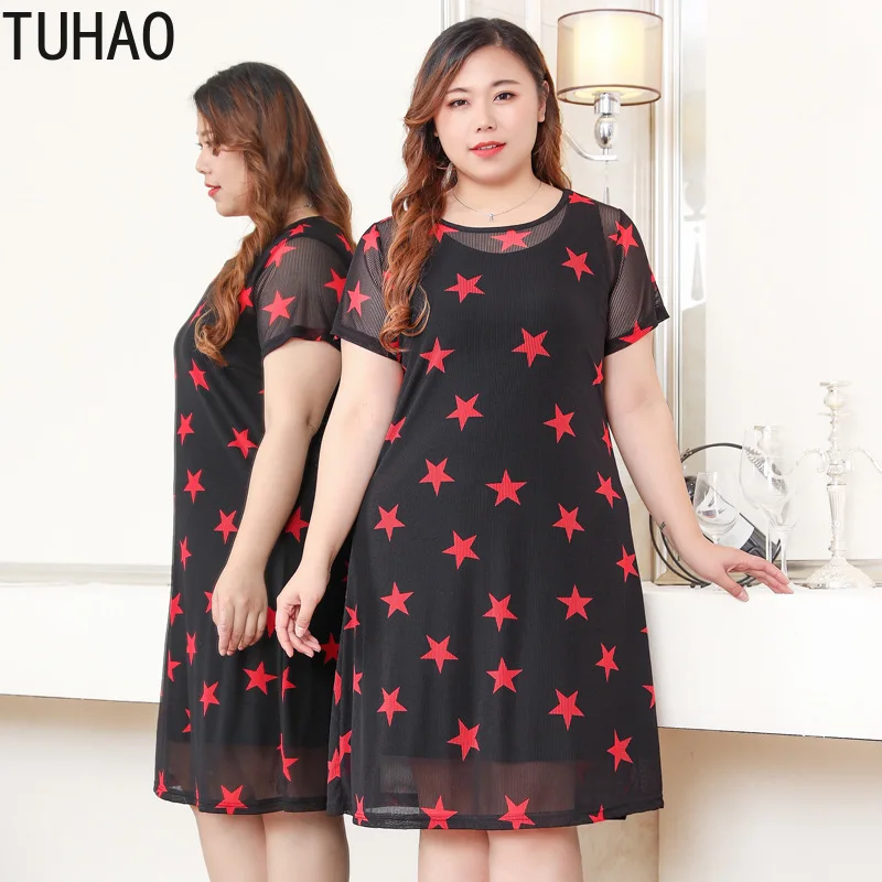 

TUHAO Red Star Print DRESS for Mother Plus Size 10XL 8XL 6XL Dresses Woman Elegant Offical Buiness Female Dress Big Size MS06