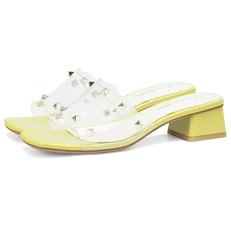 

2019 Summer Rivet Yellow White Women Sandals 5.5CM Block High Heels Mules Femme Shoes 11813ABX2282