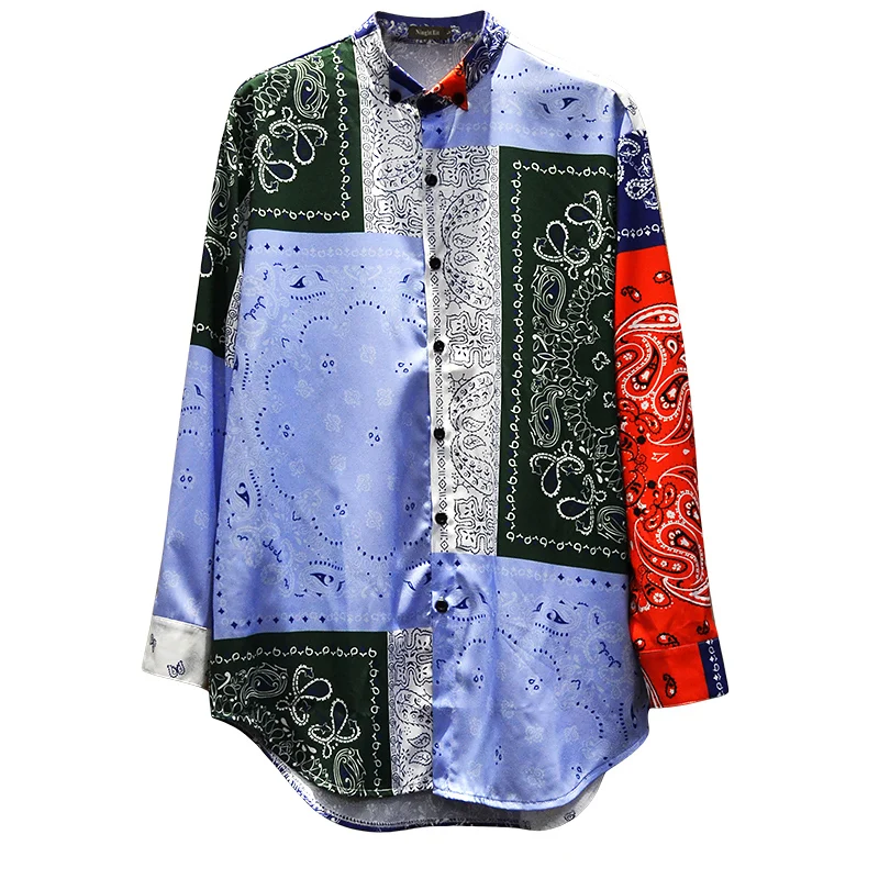 Men's Casual Shirt Camisa Masculina Hip Hop Patchwork Printed Long Sleeve Spring Summer Shirts Men National tide Fashion