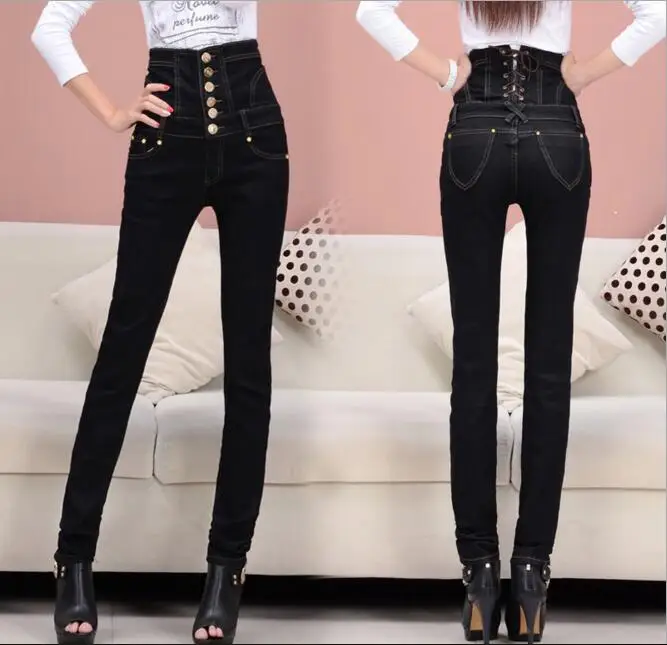 Для женщин новые Высокая Талия полной длины джинсы Для женщин задней шнуровкой черный карандаш Брюки для девочек длинные ttrousers