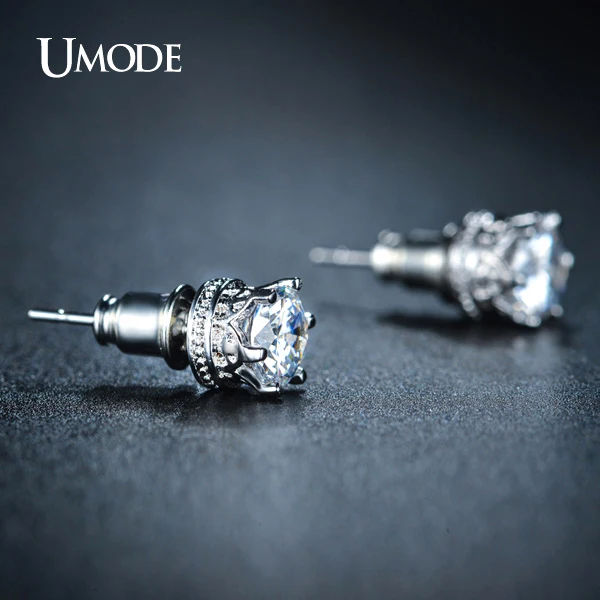 Женские серьги гвоздики в форме короны UMODE классические из белого золота высшего