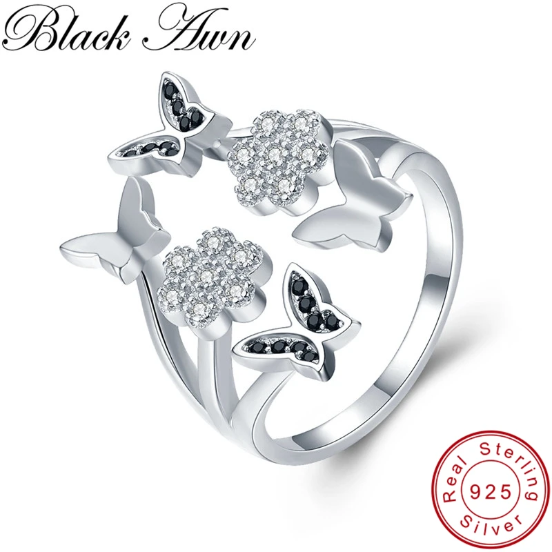 

[BLACK AWN] Real 925 Sterling Silver Black Spinel Butterfly Flower Finger Elegant Open Rings for Women Fine Jewelry Gift G028