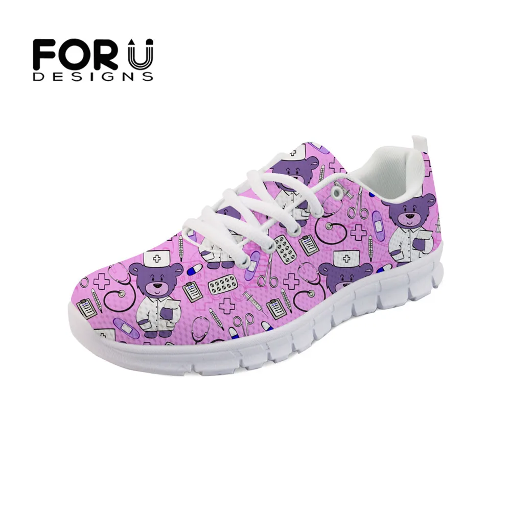 

FORUDESIGNS Sneakers Women Flats Cartoon Nurse Bear Pattern Lace Up Comfortable Mesh Ladies Shoes Nursing Fashion Zapatos Mujer