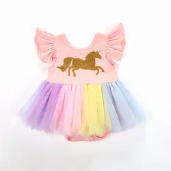 Комбинезон для новорожденных девочек; кружевное Радужное платье-пачка с оборками и единорогом; очень милые для младенцев; комбинезон;