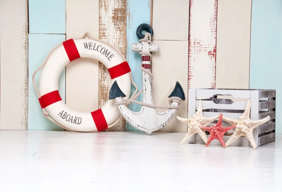 

Laeacco Wooden Board Swimming Ring Anchor Baby Child Photography Background Customized Photographic Backdrops For Photo Studio