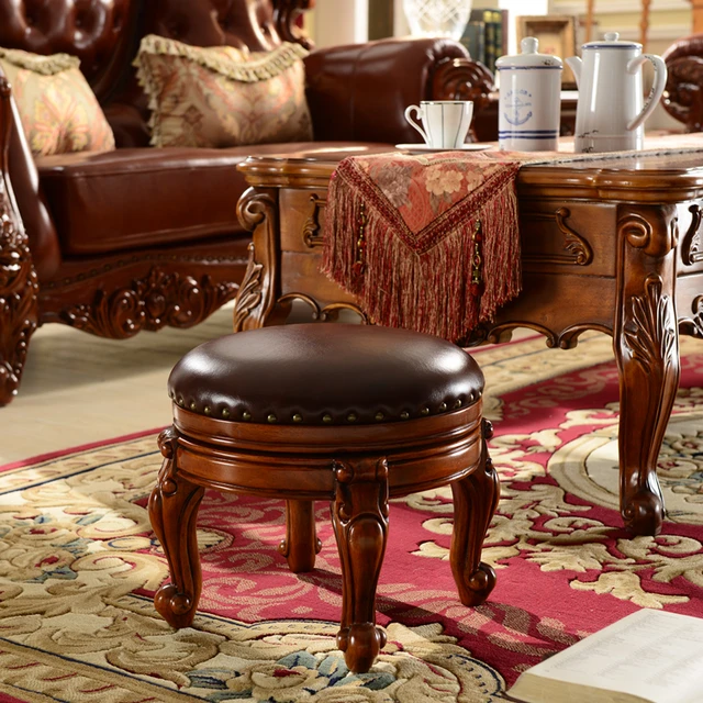 European Leather Carving Art 100 Solid Wood Stools Pouf Rotatable European Leather Carving Art 100 Solid Wood Stools Pouf Rotatable Footstool Ottoman Oak Furniture Upscale