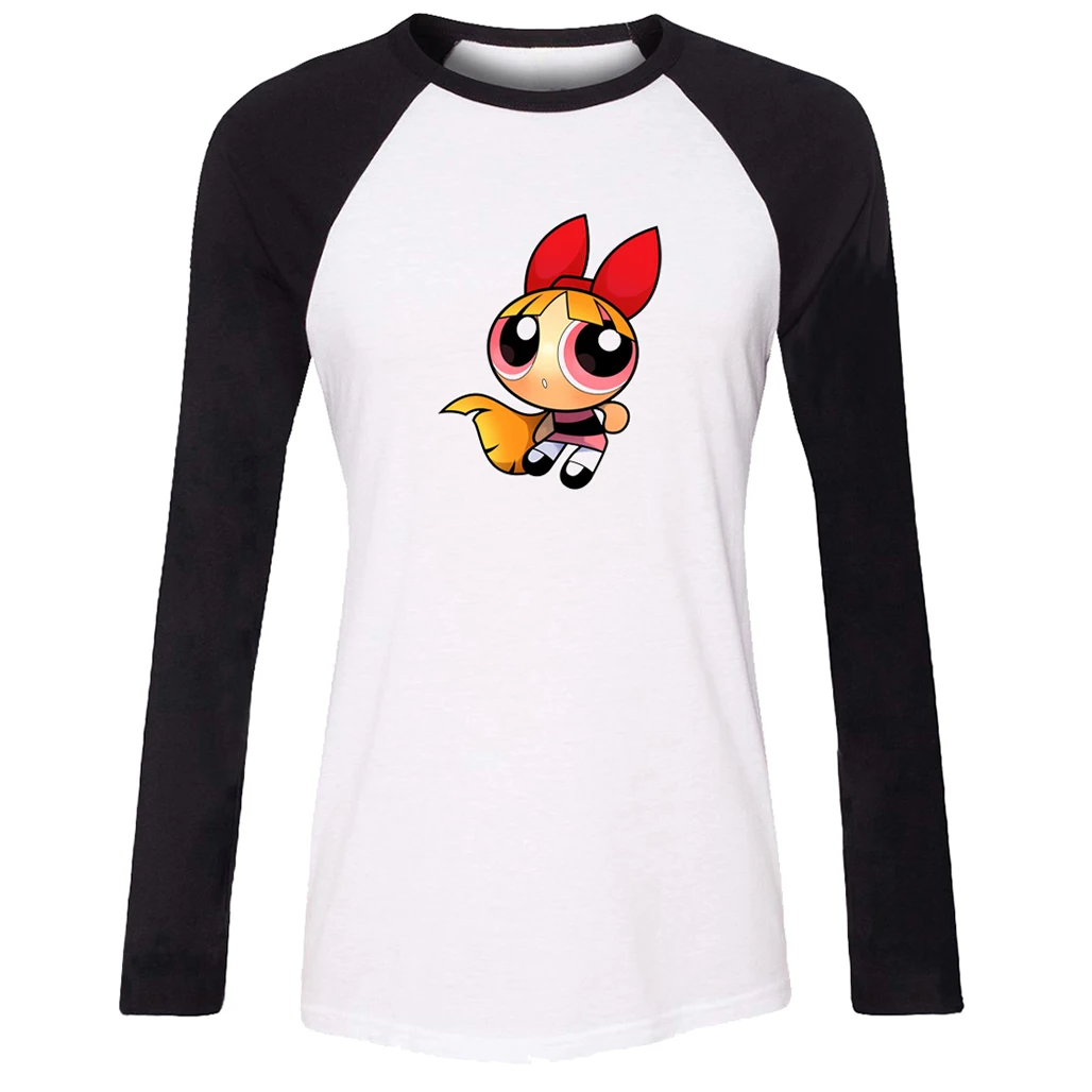 

Cotton Women T-shirt Cartoon Cute The Powerpuff Girls Blossom and Bubbles Pattern Raglan Long Sleeve Girl T shirt Lady Tee Tops